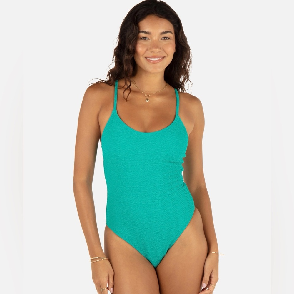 Hurley Teal Textured Wave Scrunch Side Ruching Open Back One Piece - Size S